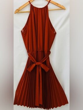Rust Red Halter Pleated Mini Dress with Waist Tie